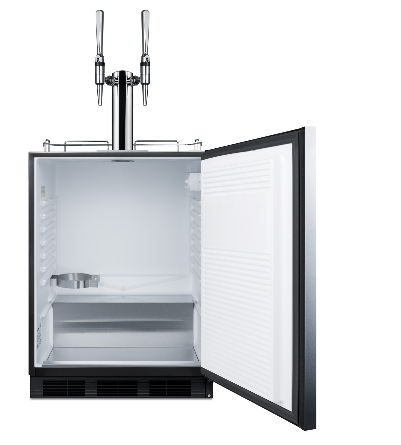 Built-in undercounter ADA height commercially listed dual tap nitro coffee dispenser with stainless steel wrapped door and black cabinet